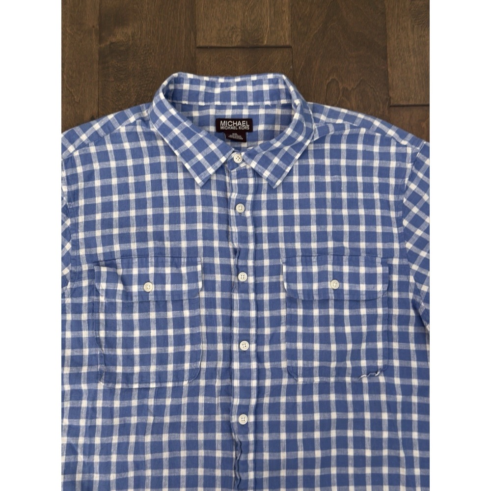 Michael Kors Mens Blue Plaid Linen Blend Button Down Shirt Short Sleeve Size 2XL